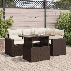 Salon de jardin avec coussins 5 pcs marron r&eacute;sine tress&eacute;e