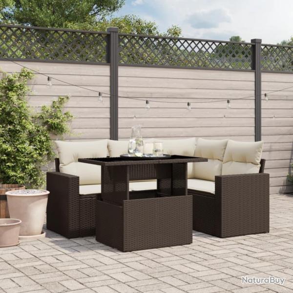 Salon de jardin avec coussins 5 pcs marron r�sine tress�e