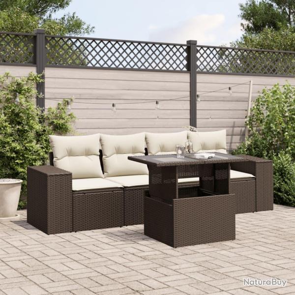 Salon de jardin avec coussins 5 pcs marron r�sine tress�e