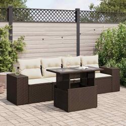Salon de jardin avec coussins 5 pcs marron r&eacute;sine tress&eacute;e alsavelo