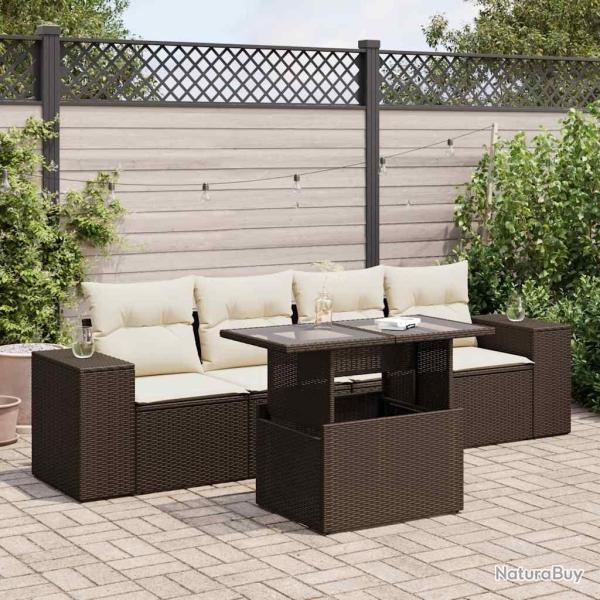 Salon de jardin avec coussins 5 pcs marron r�sine tress�e