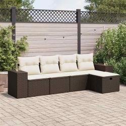 Salon de jardin avec coussins 5 pcs marron r&eacute;sine tress&eacute;e alsavelo