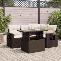 Salon de jardin avec coussins 5 pcs marron r&eacute;sine tress&eacute;e alsavelo