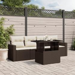 Salon de jardin avec coussins 5 pcs marron r&eacute;sine tress&eacute;e alsavelo