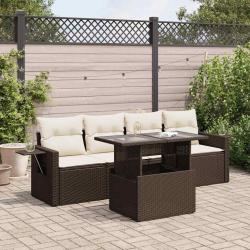 Salon de jardin avec coussins 5 pcs marron r&eacute;sine tress&eacute;e alsavelo