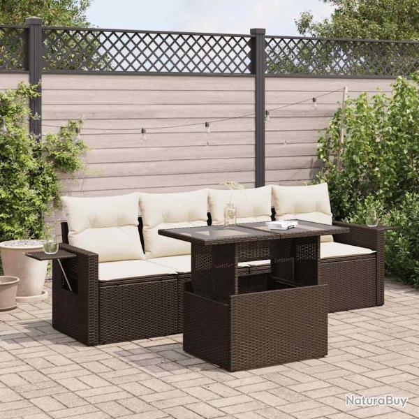 Salon de jardin avec coussins 5 pcs marron r�sine tress�e