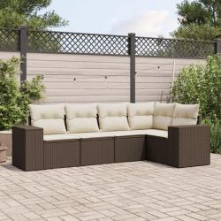 Salon de jardin avec coussins 5 pcs marron r&eacute;sine tress&eacute;e