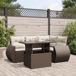 Salon de jardin avec coussins 5 pcs marron r&eacute;sine tress&eacute;e