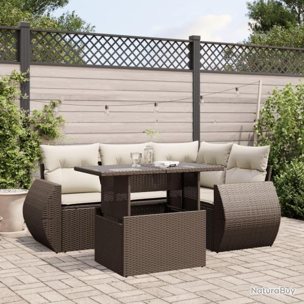 Salon de jardin avec coussins 5 pcs marron r�sine tress�e