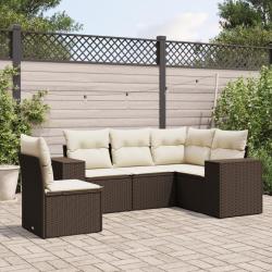 Salon de jardin avec coussins 5 pcs marron r&eacute;sine tress&eacute;e alsavelo
