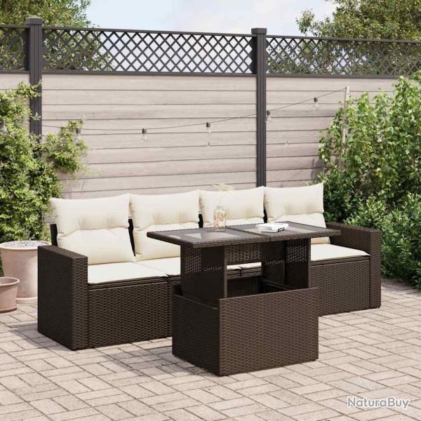 Salon de jardin avec coussins 5 pcs marron r�sine tress�e