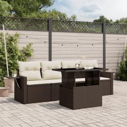 Salon de jardin avec coussins 5 pcs marron r&eacute;sine tress&eacute;e