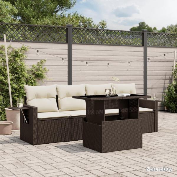 Salon de jardin avec coussins 5 pcs marron r�sine tress�e