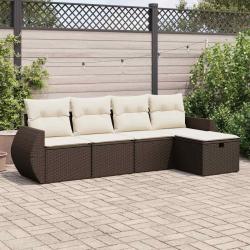 Salon de jardin avec coussins 5 pcs marron r&eacute;sine tress&eacute;e alsavelo
