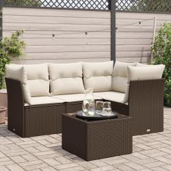 Salon de jardin avec coussins 5 pcs marron r&eacute;sine tress&eacute;e