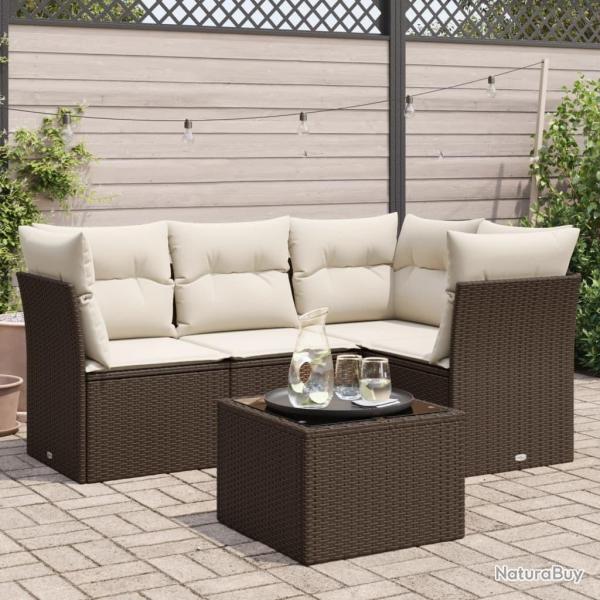 Salon de jardin avec coussins 5 pcs marron r�sine tress�e