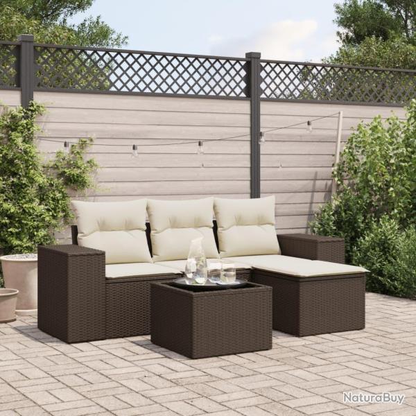 Salon de jardin avec coussins 5 pcs marron r�sine tress�e