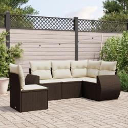 Salon de jardin avec coussins 5 pcs marron r&eacute;sine tress&eacute;e alsavelo