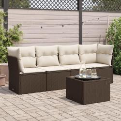 Salon de jardin avec coussins 5 pcs marron r&eacute;sine tress&eacute;e