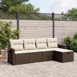 Salon de jardin avec coussins 5 pcs marron r&eacute;sine tress&eacute;e alsavelo