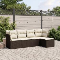 Salon de jardin avec coussins 5 pcs marron r&eacute;sine tress&eacute;e alsavelo