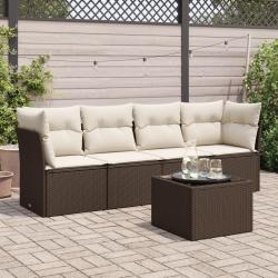 Salon de jardin avec coussins 5 pcs marron r&eacute;sine tress&eacute;e