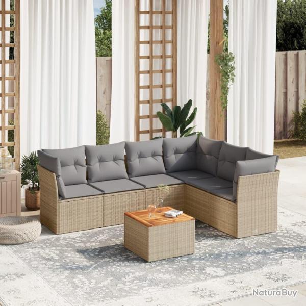 Salon de jardin avec coussins 7 pcs beige r�sine tress�e