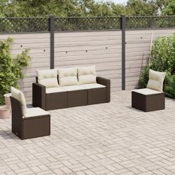 Salon de jardin avec coussins 5 pcs marron r&eacute;sine tress&eacute;e