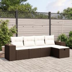 Salon de jardin avec coussins 5 pcs marron r&eacute;sine tress&eacute;e alsavelo