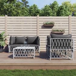 Salon de jardin avec coussins 5 pcs blanc acier alsavelo
