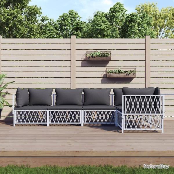 Salon de jardin avec coussins 5 pcs blanc acier
