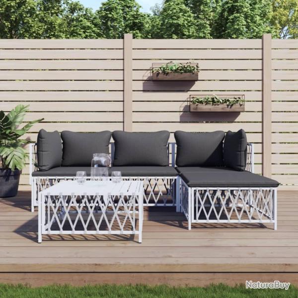 Salon de jardin avec coussins 5 pcs blanc acier