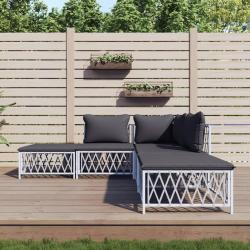 Salon de jardin avec coussins 5 pcs blanc acier