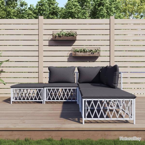 Salon de jardin avec coussins 5 pcs blanc acier