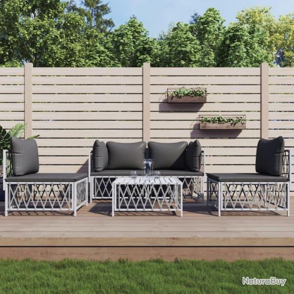 Salon de jardin avec coussins 5 pcs blanc acier