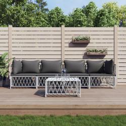 Salon de jardin avec coussins 5 pcs blanc acier