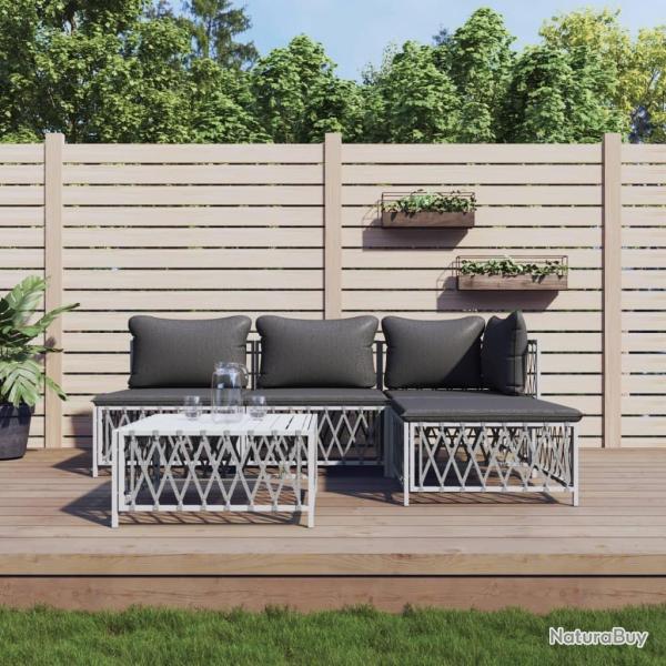 Salon de jardin avec coussins 5 pcs blanc acier