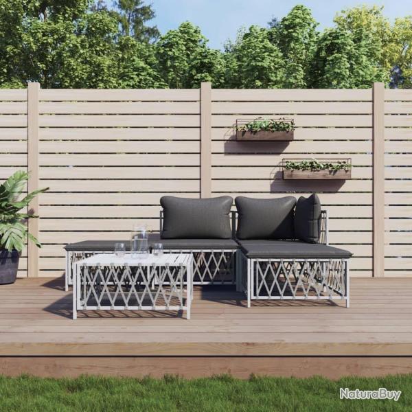 Salon de jardin avec coussins 5 pcs blanc acier