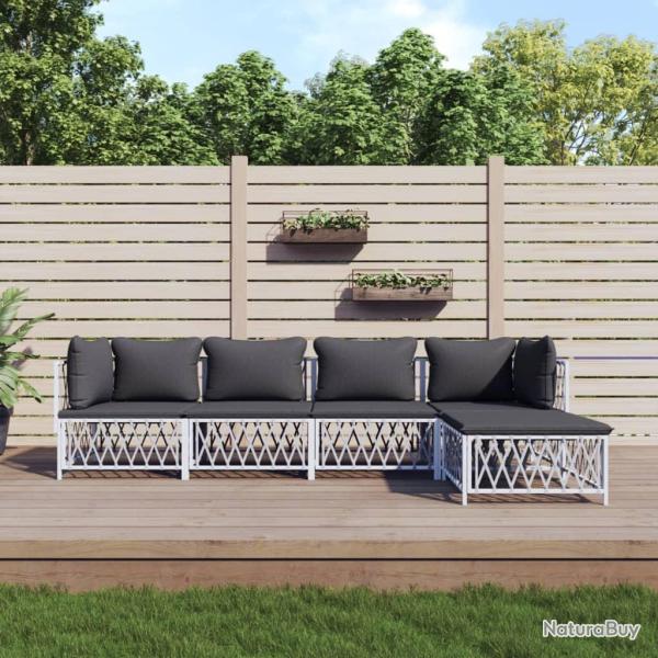 Salon de jardin avec coussins 5 pcs blanc acier