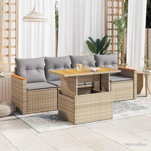 Salon de jardin avec coussins 5 pcs beige r�sine tress�e acacia alsavelo