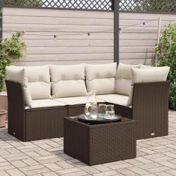 Salon de jardin avec coussins 5 pcs marron r&eacute;sine tress&eacute;e alsavelo