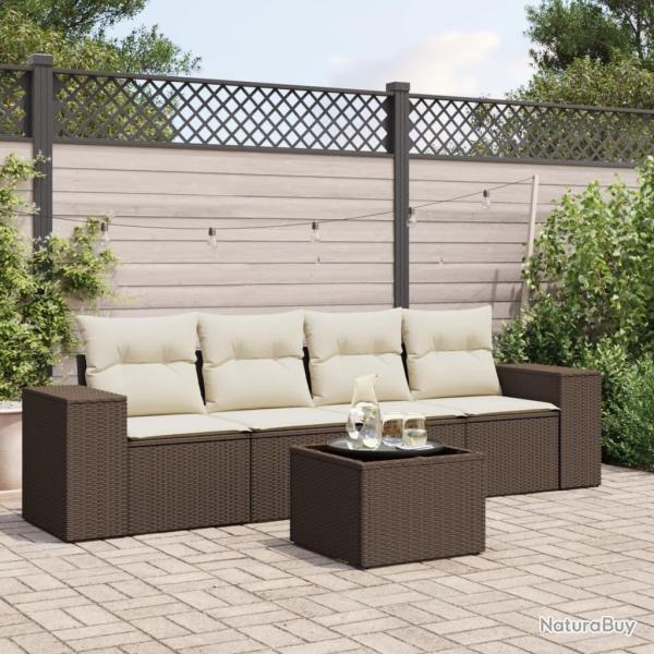 Salon de jardin avec coussins 5 pcs marron r�sine tress�e