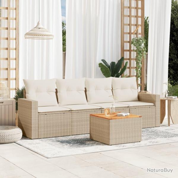 Salon de jardin avec coussins 5 pcs beige r�sine tress�e