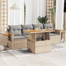 Salon de jardin avec coussins 5 pcs beige r&eacute;sine tress&eacute;e acacia