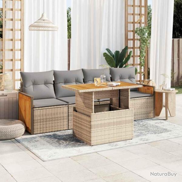 Salon de jardin avec coussins 5 pcs beige r�sine tress�e acacia alsavelo