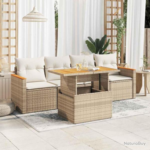 Salon de jardin avec coussins 5 pcs beige r�sine tress�e acacia