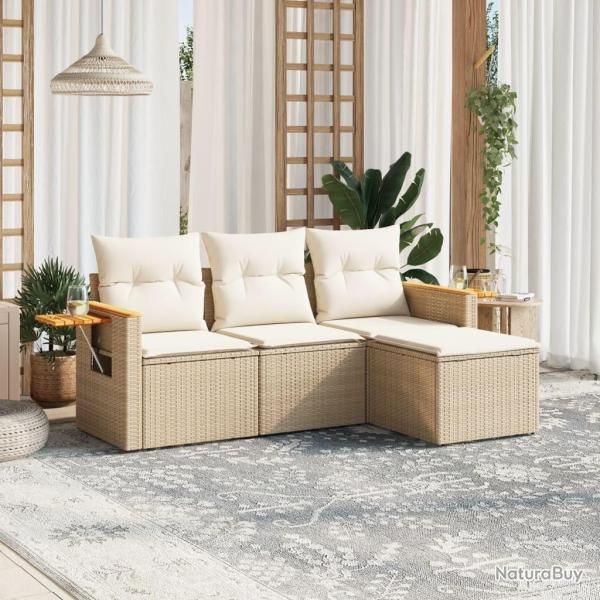 Salon de jardin avec coussins 4 pcs beige r�sine tress�e alsavelo