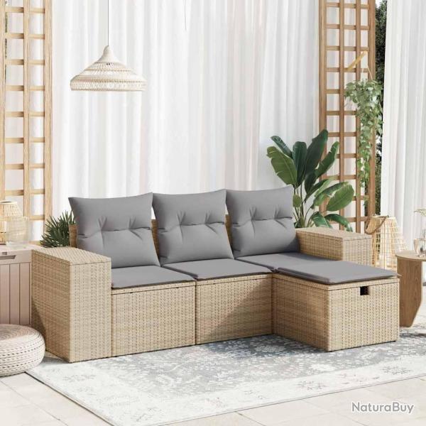 Salon de jardin avec coussins 4 pcs beige r�sine tress�e