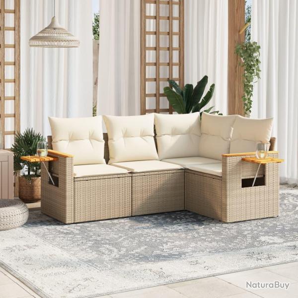 Salon de jardin avec coussins 4 pcs beige r�sine tress�e alsavelo
