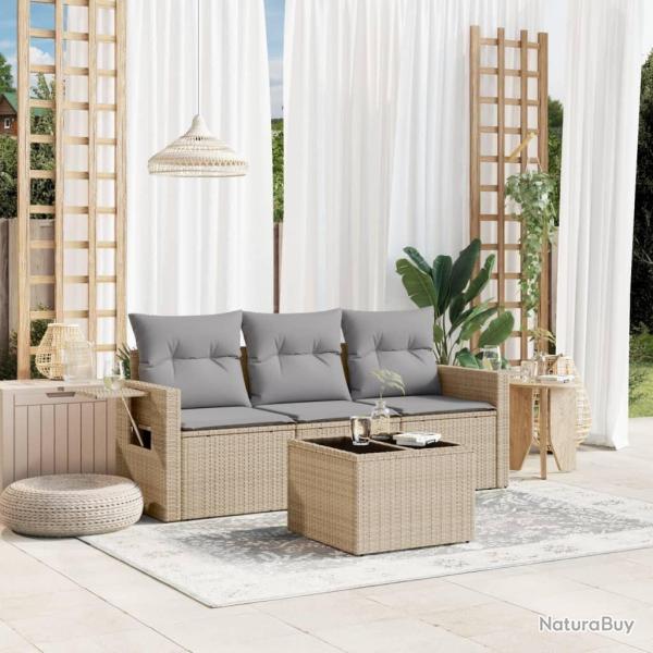 Salon de jardin avec coussins 4 pcs beige r�sine tress�e alsavelo